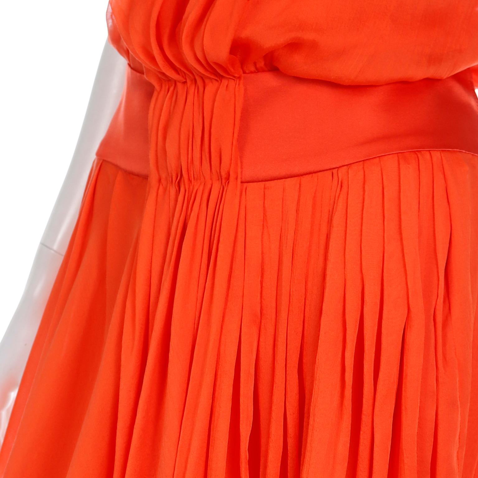 Vintage Fine Silk Chiffon Orange Sleeveless Dress With Satin Waistband For Sale 6