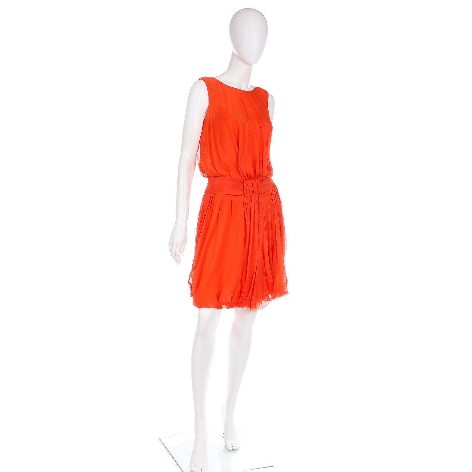 Vintage Fine Silk Chiffon Orange Sleeveless Dress With Satin Waistband In Excellent Condition For Sale In Portland, OR