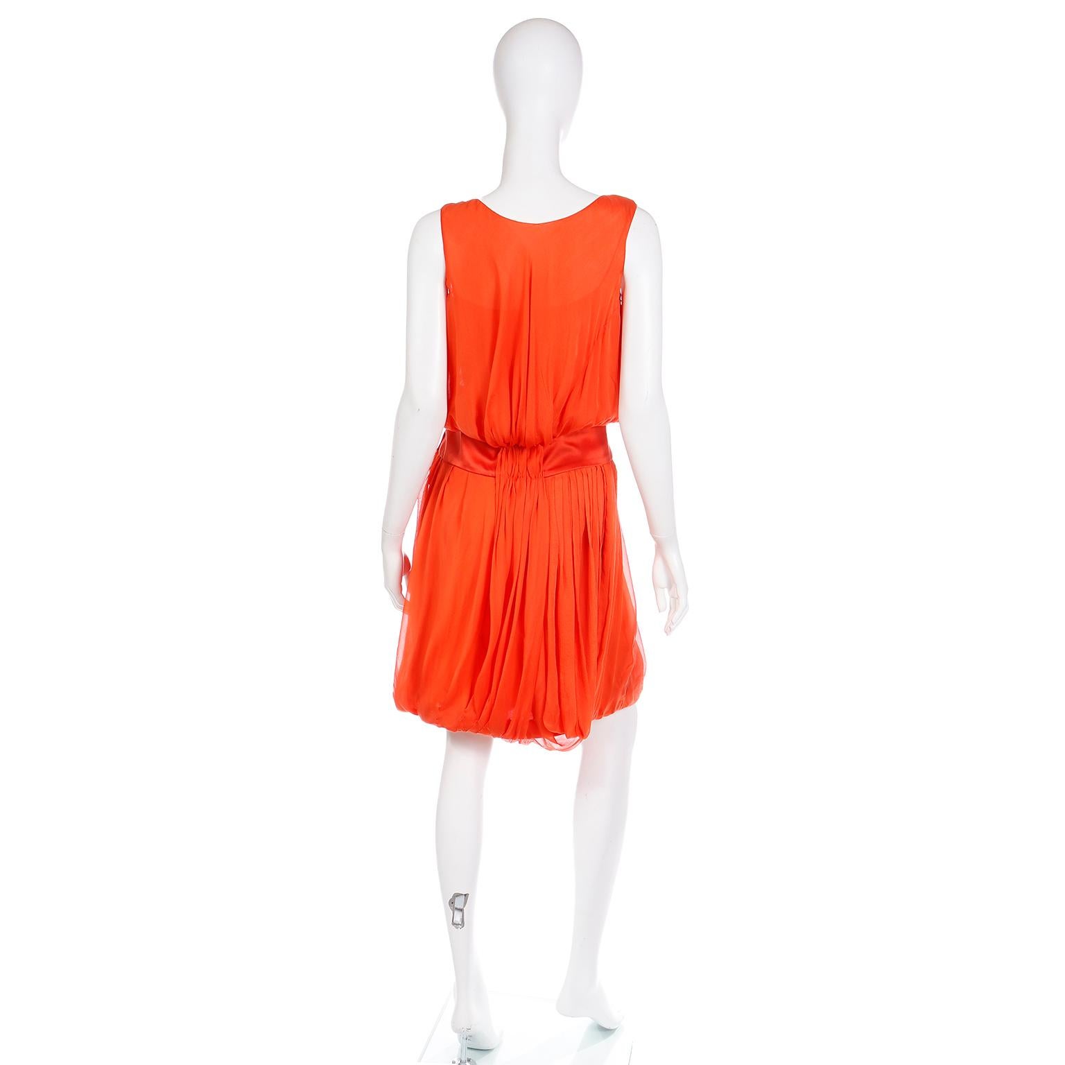 Women's Vintage Fine Silk Chiffon Orange Sleeveless Dress With Satin Waistband For Sale