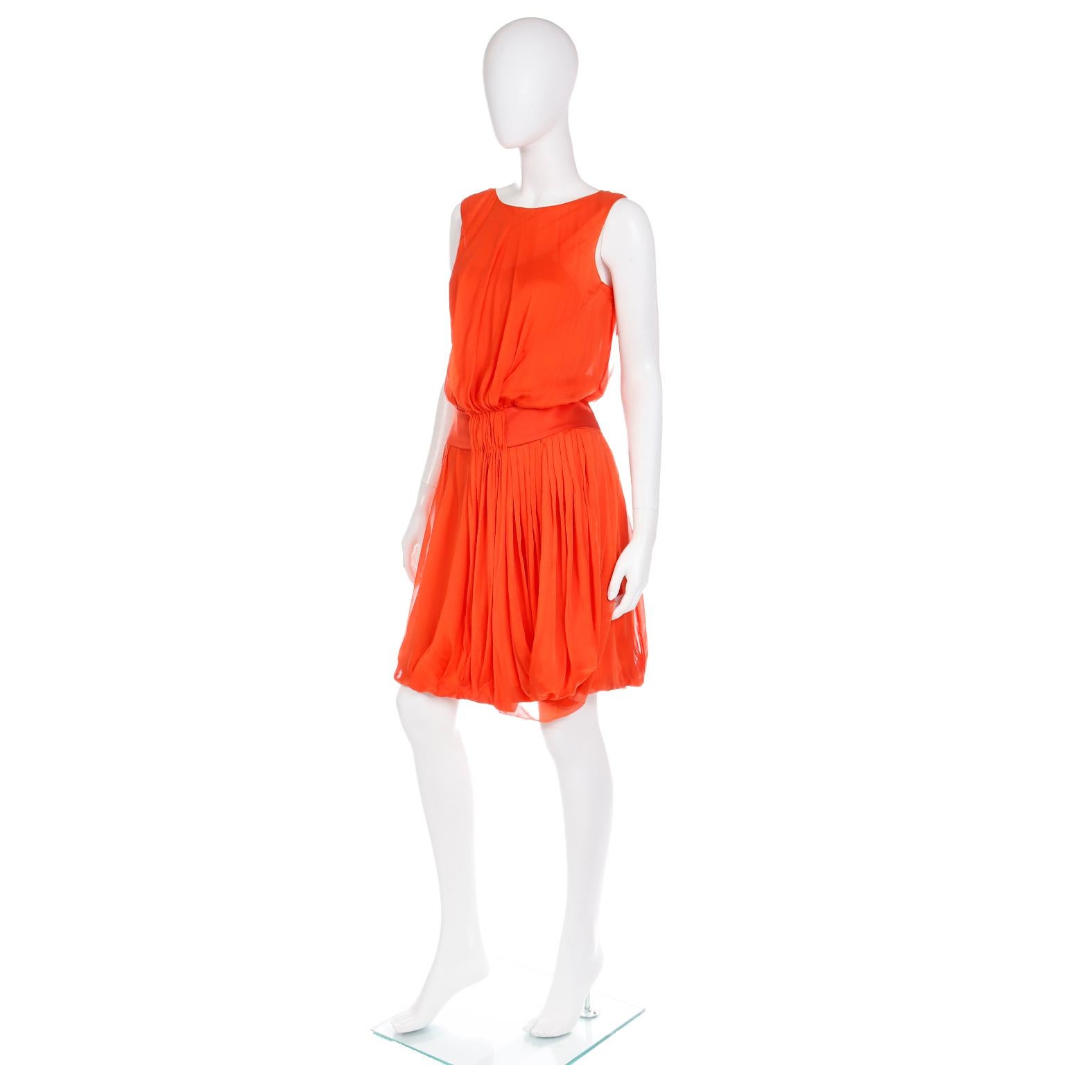 Vintage Fine Silk Chiffon Orange Sleeveless Dress With Satin Waistband For Sale 1