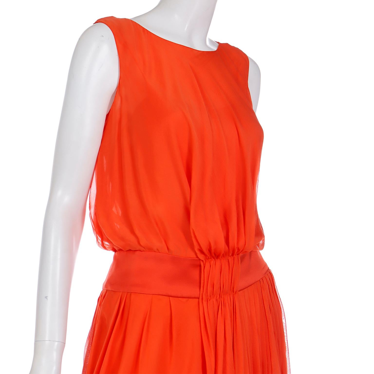 Vintage Fine Silk Chiffon Orange Sleeveless Dress With Satin Waistband For Sale 2