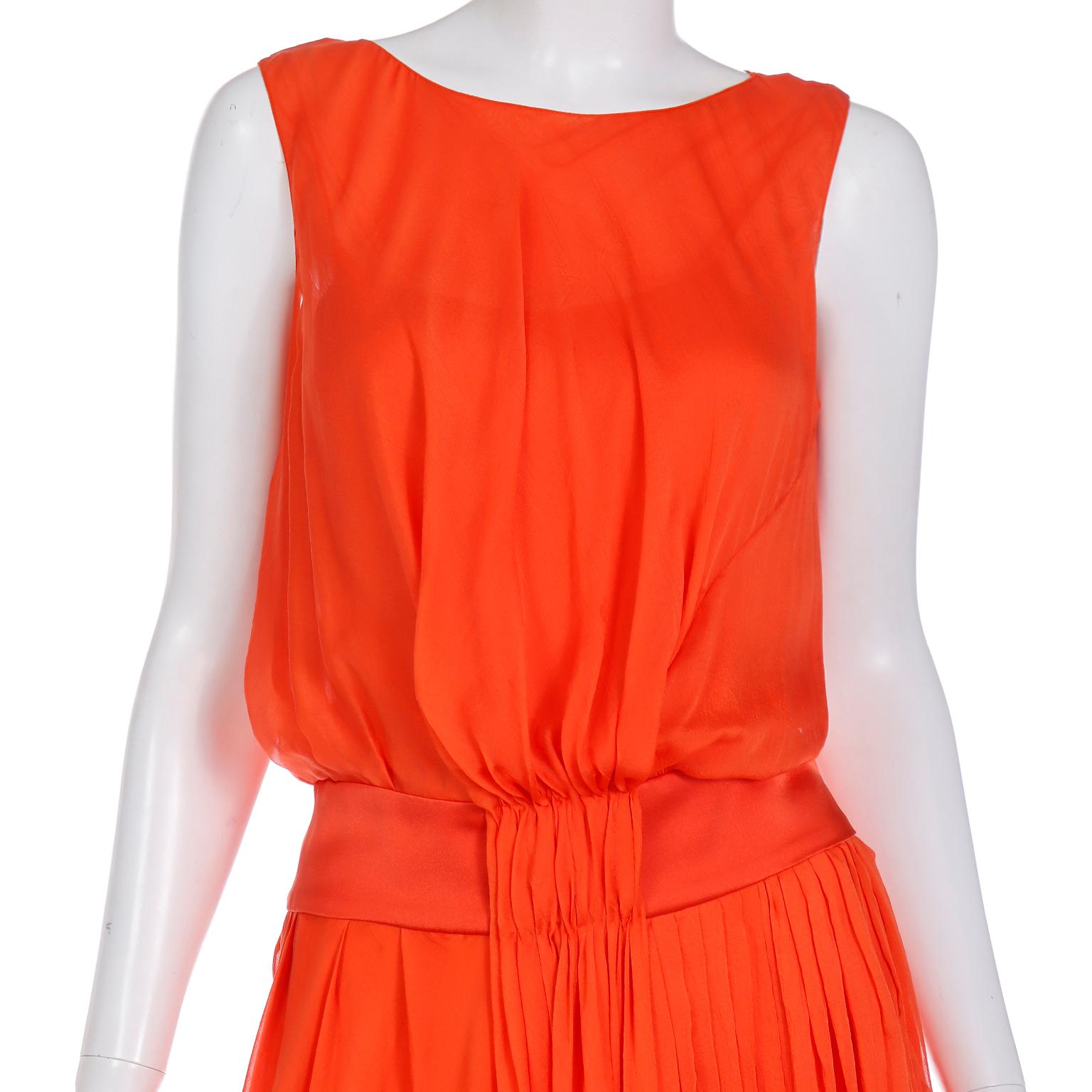 Vintage Fine Silk Chiffon Orange Sleeveless Dress With Satin Waistband For Sale 3
