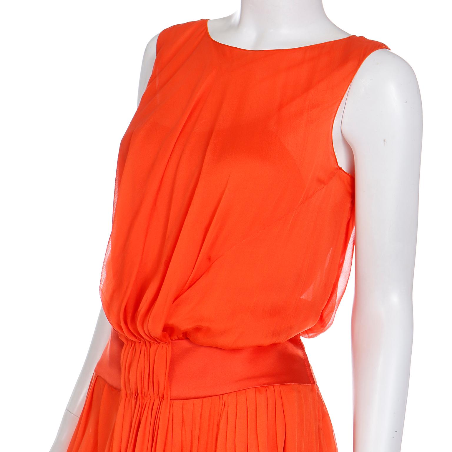 Vintage Fine Silk Chiffon Orange Sleeveless Dress With Satin Waistband For Sale 4
