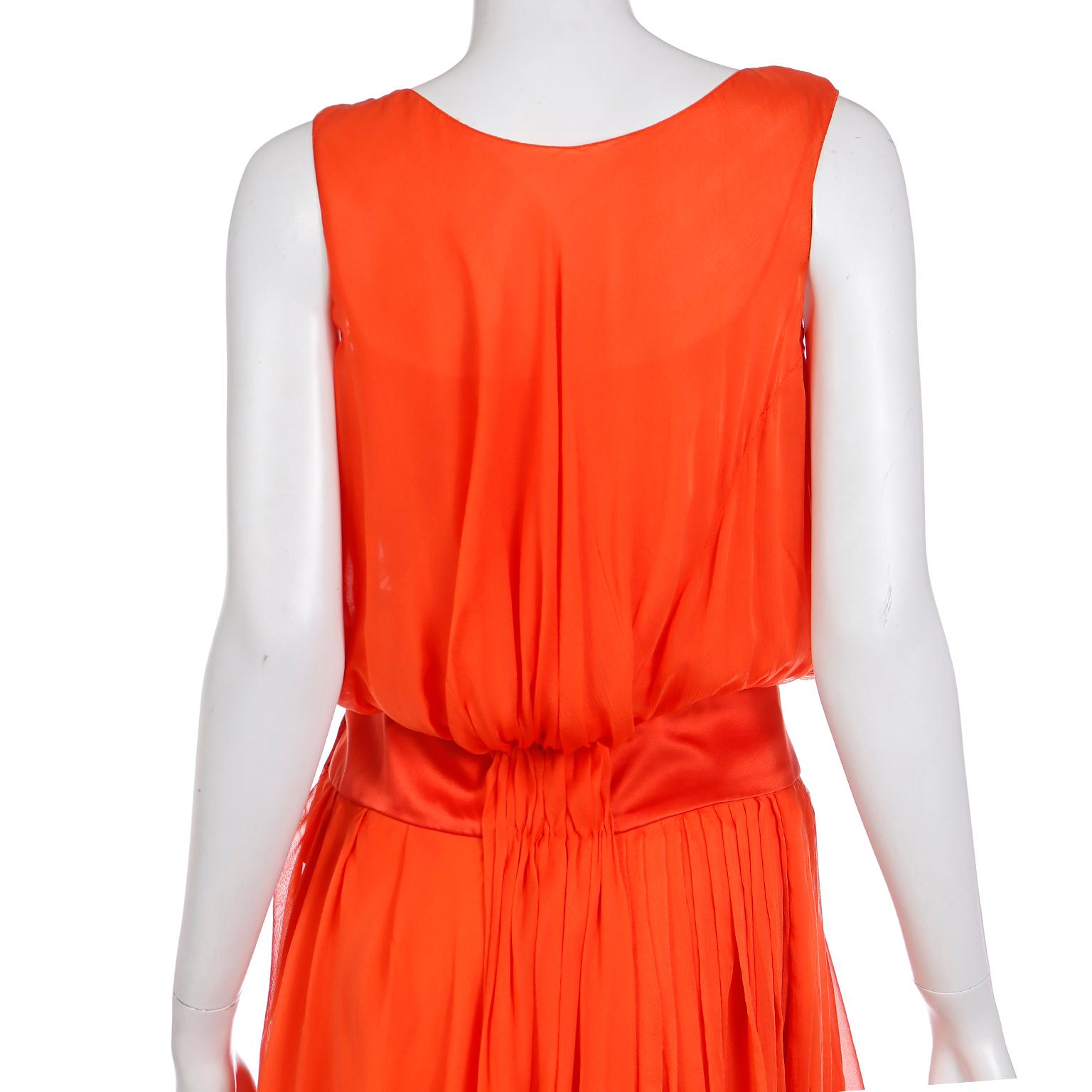 Vintage Fine Silk Chiffon Orange Sleeveless Dress With Satin Waistband For Sale 5