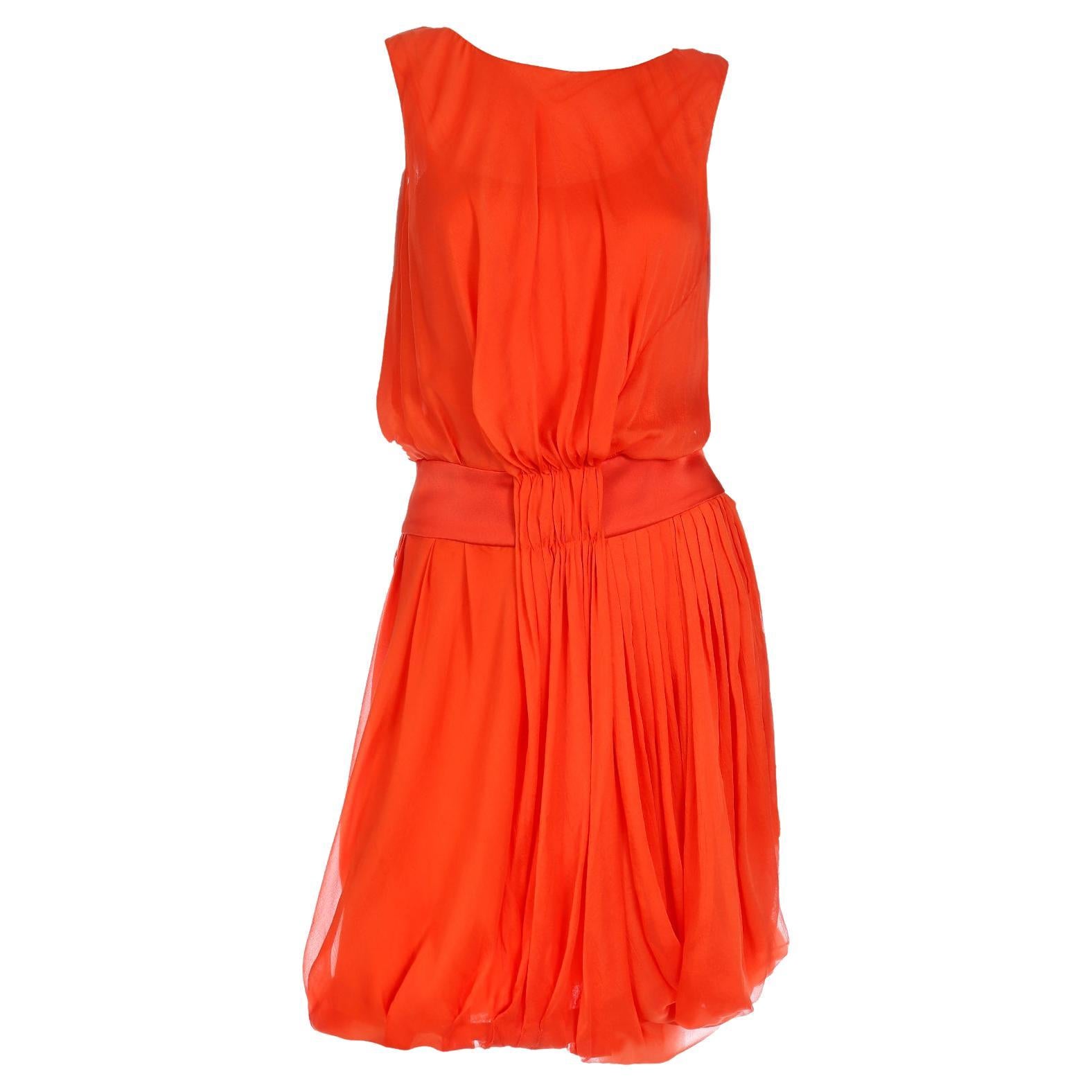 Vintage Fine Silk Chiffon Orange Sleeveless Dress With Satin Waistband For Sale