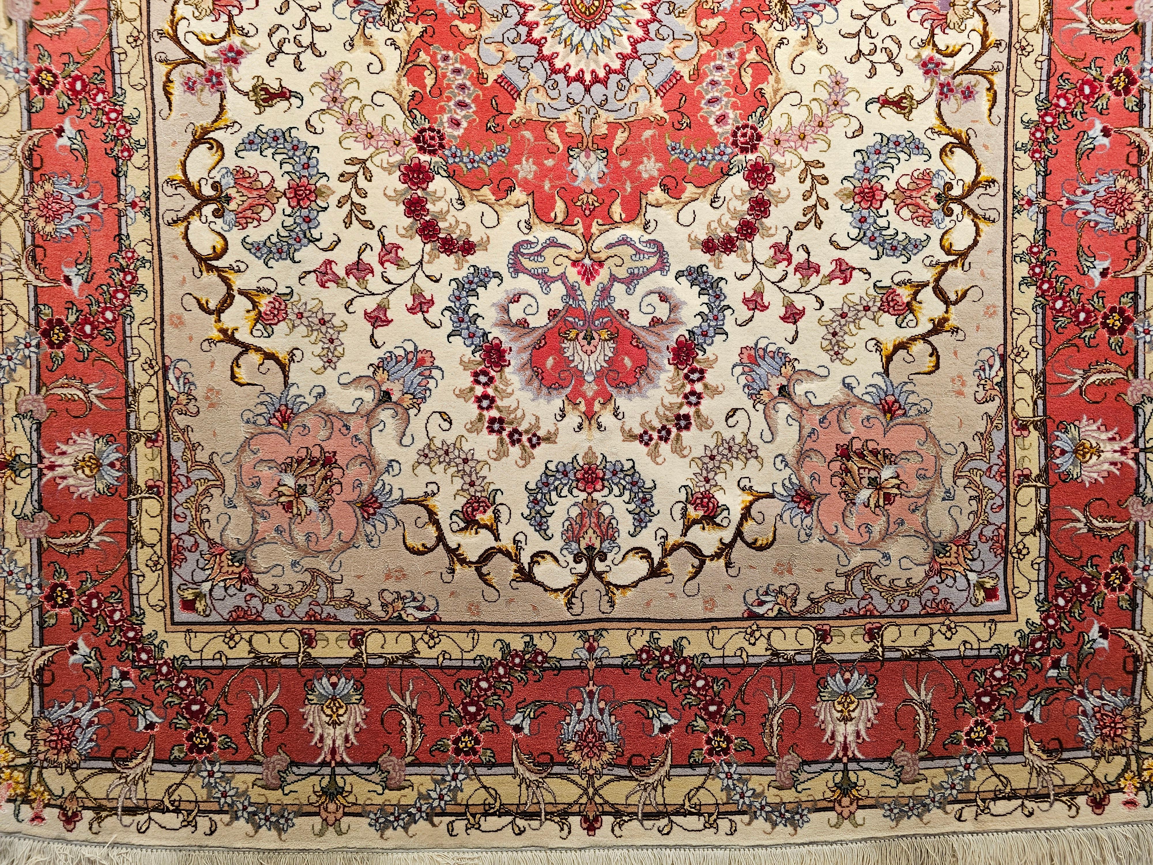 Wool Vintage Persian Tabriz Area Rug in Floral Pattern in Ivory, Salmon, Taupe, Blue For Sale
