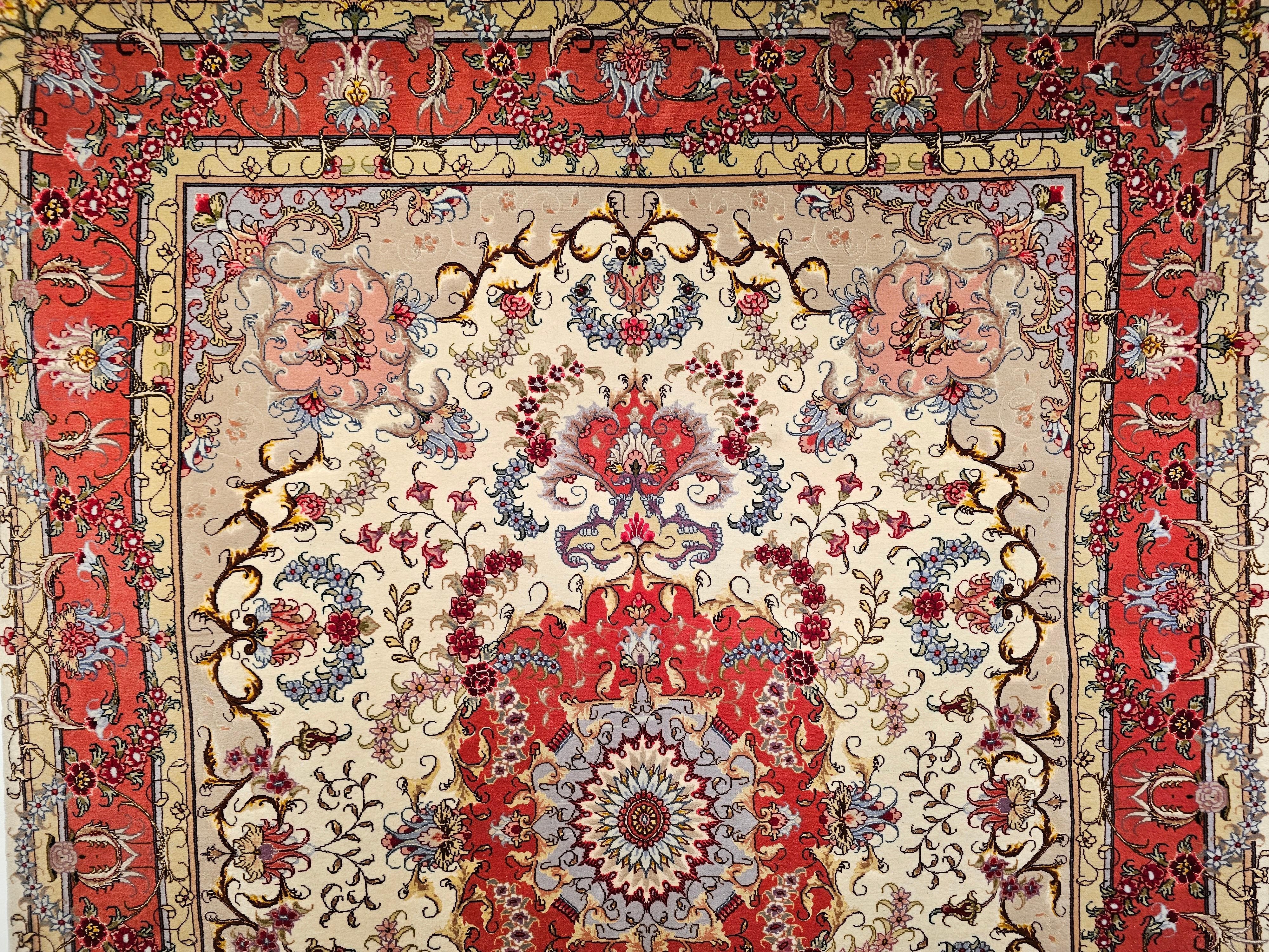 Vintage Persian Tabriz Area Rug in Floral Pattern in Ivory, Salmon, Taupe, Blue For Sale 1