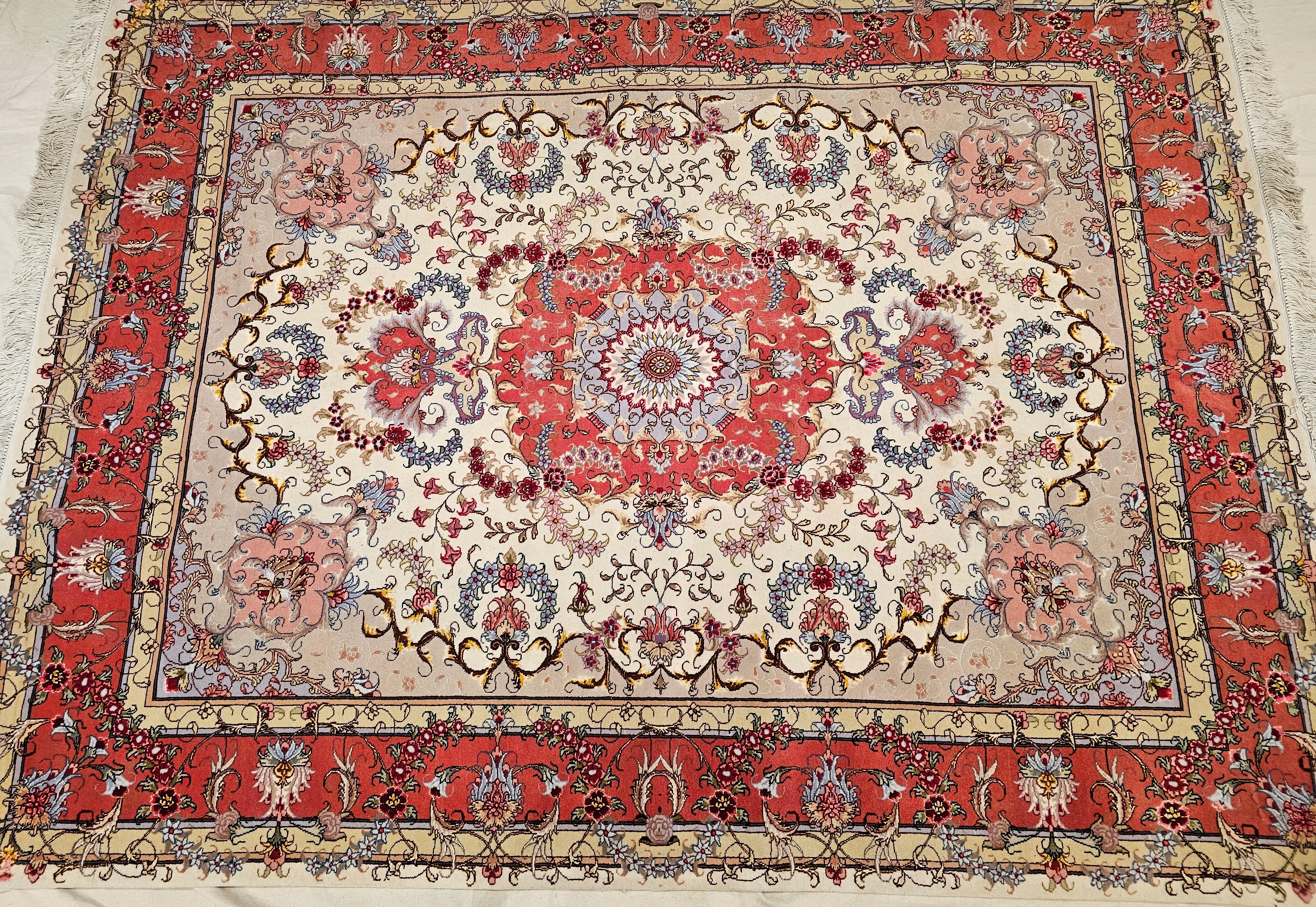 Vintage Persian Tabriz Area Rug in Floral Pattern in Ivory, Salmon, Taupe, Blue For Sale 2