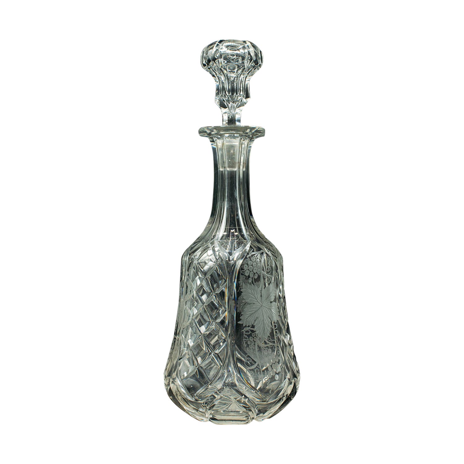 Decantador de Vino Fino Vintage, Inglés, Vidrio Grabado, Recipiente para Aguardiente, Mediados de Siglo