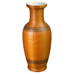 Vintage Fine Woven Bamboo Wicker Vase with Porcelain Insert