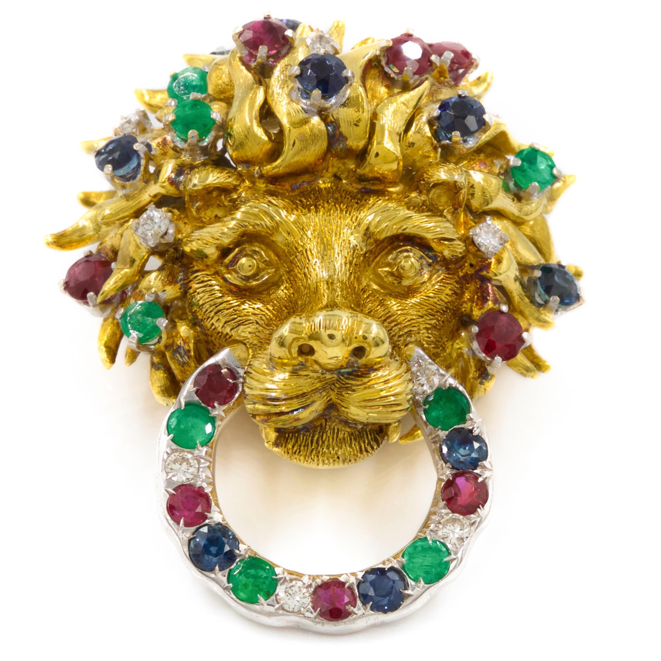 FINELY SCULPTED 18K GOLD AND GEMSET LION BROOCH (CONVERTS TO PENDANT)
With rubies, sapphires, emeralds and diamonds  marked 