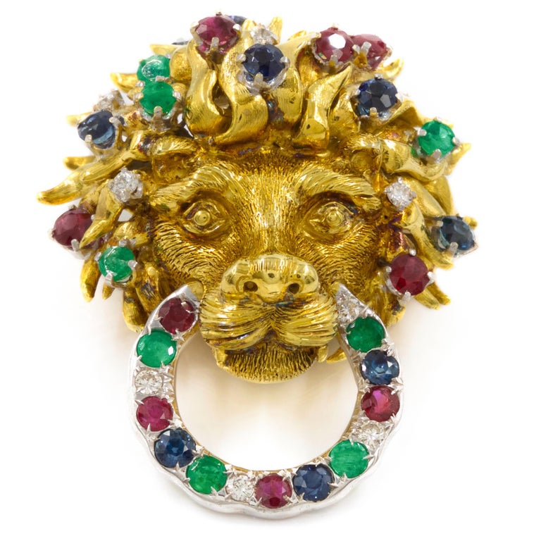 Vintage Finely Sculpted 18K Gold Gemset Lion Brooch 'Converts to