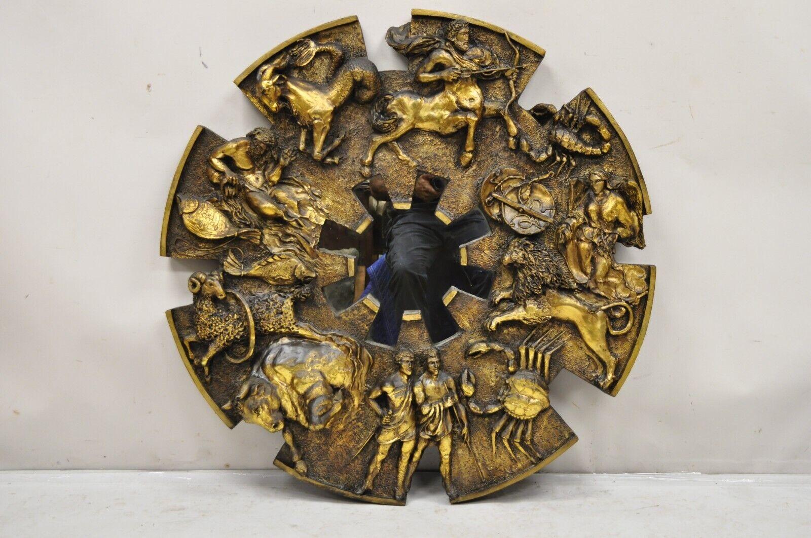 Vintage Finesse Originals 3D Fiberglass Zodiac Signs Mid Century Wall Mirror. Item features is distressed gold finish, 
