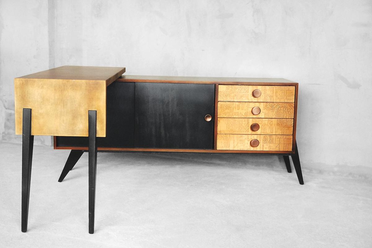 Vintage Finish Sideboard with Movable Desk and Copper Reliefs, 1950s 5