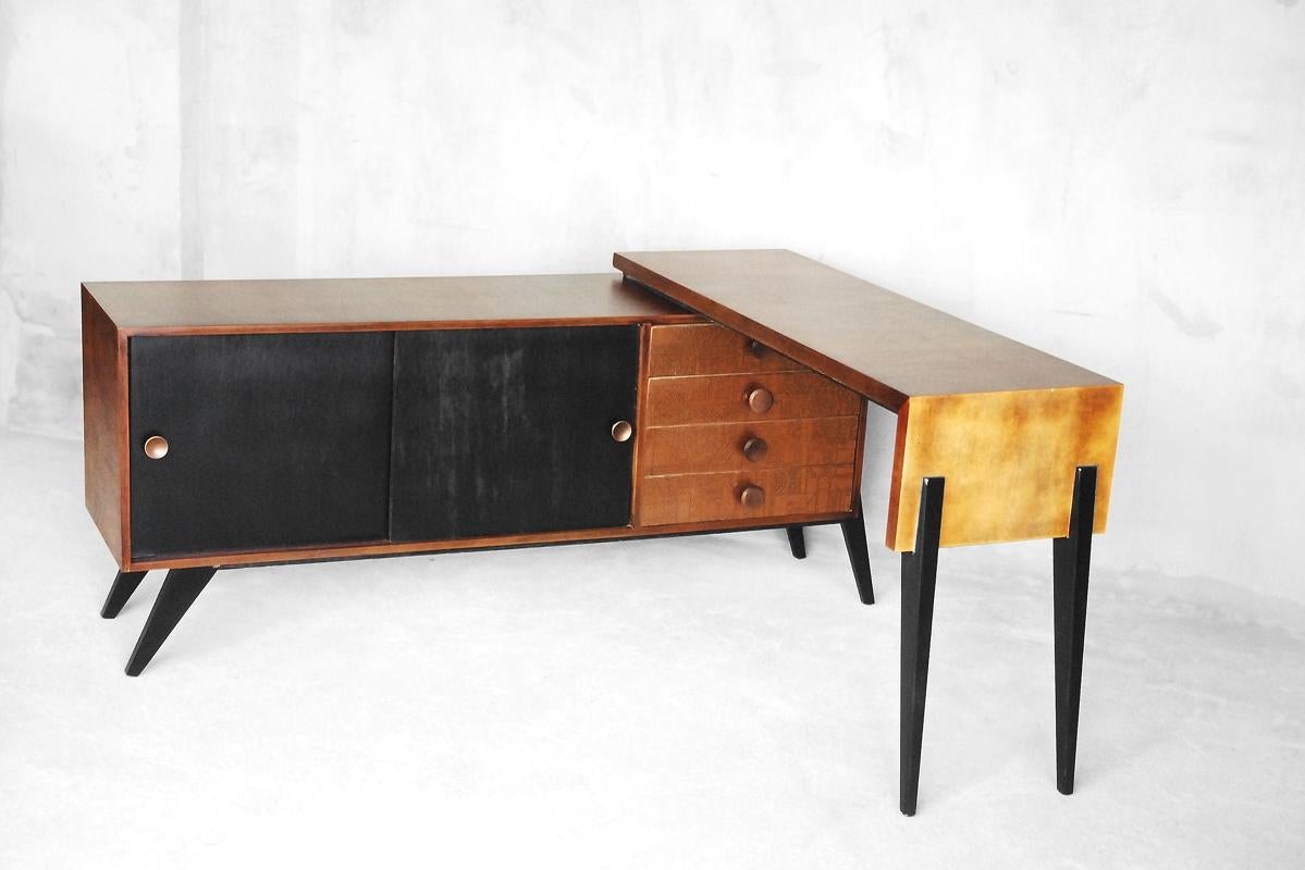 Vintage Finish Sideboard with Movable Desk and Copper Reliefs, 1950s 8