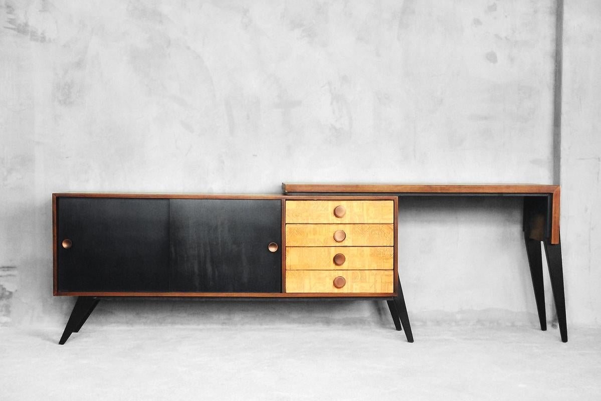 Mid-Century Modern Vintage Finish Sideboard with Movable Desk and Copper Reliefs, 1950s
