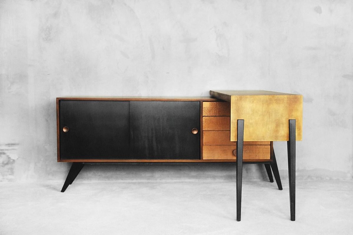 Finnish Vintage Finish Sideboard with Movable Desk and Copper Reliefs, 1950s