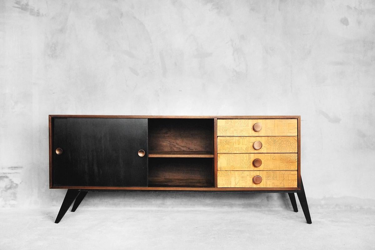 Vintage Finish Sideboard with Movable Desk and Copper Reliefs, 1950s 2