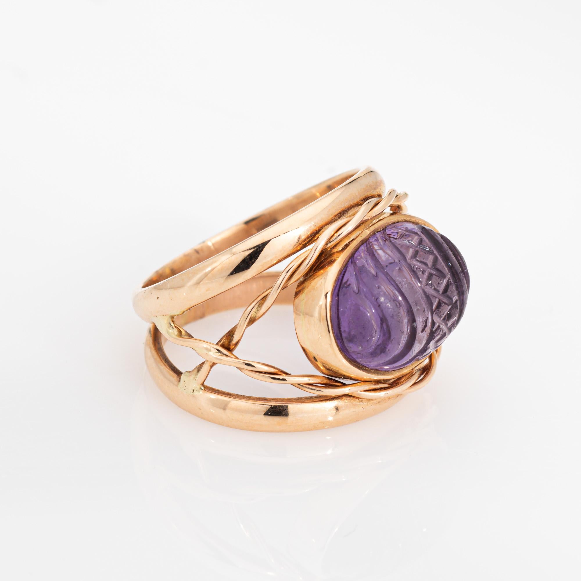 Modern Vintage Finnish Carved Amethyst Ring 14k Yellow Gold 5 Estate Finland Jewelry  For Sale