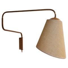Vintage Finnish Design Pivot Arm Wall Lamp in Brass & Linen, Valinte 1950s