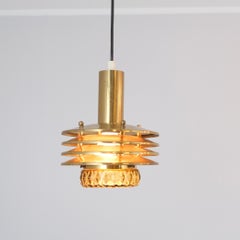 Vintage Finnish Design Slatted Brass Pendat & Fume Glass, attr.K. Ruokonen 1970s