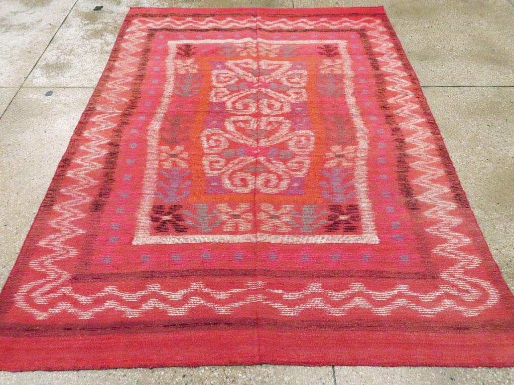 Midcentury Handmade Scandinavian Modern Kilim In Coral Red In Fair Condition In New York, NY