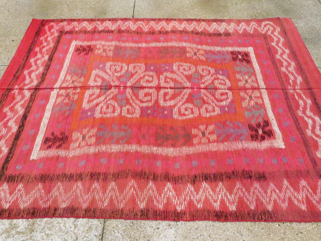 Midcentury Handmade Scandinavian Modern Kilim In Coral Red 1