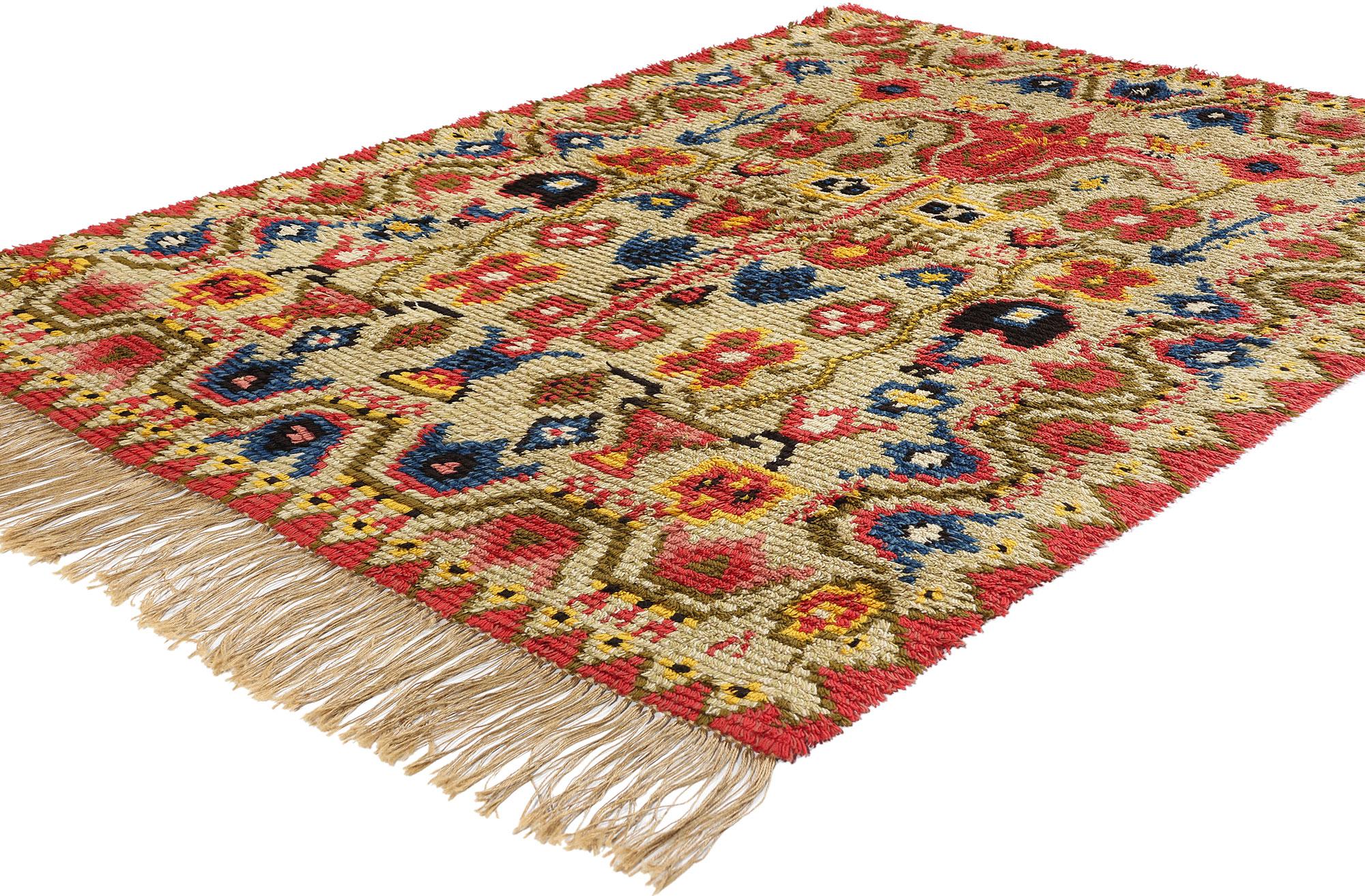 78268 Vintage Finnish Porin Tienoot Ryijy Rug, 04'08 x 06'05. Porin Tienoot Ryijy rugs, originating from the town of Pori, Finland, are a specific type of Finnish Ryijy rugs known for their high quality and distinctive designs, often drawing