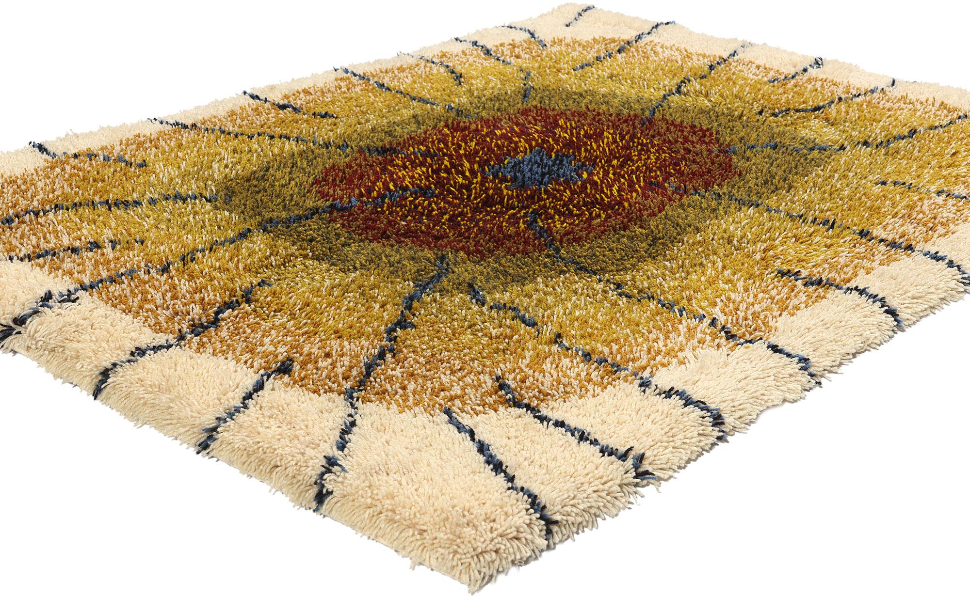 78828 Laila Seppa Vintage Finnish Ryijy Rug, 03'10 x 05'04. Laila Seppä is a prominent Finnish textile designer celebrated for her innovative and artistic approach to textile arts. Her contributions to the field are marked by unique designs that