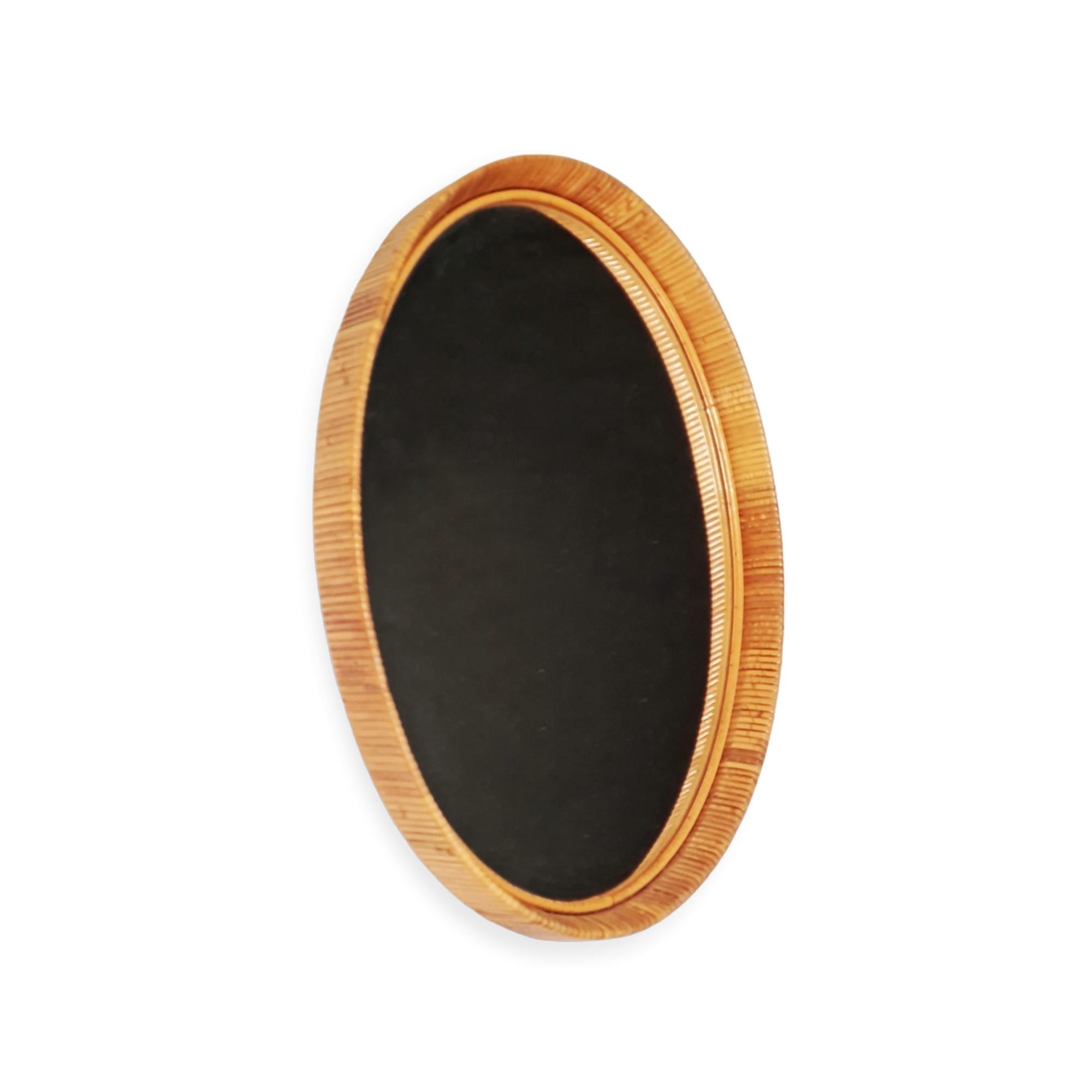 A beautiful wall hanging mirror with stunning vintage patina to the rattan frame.
It is from about the 1950s-1960s, and in absolutely original condition.
As it is not stampped, it is almost impossible for us to attribute it to a specific designer or