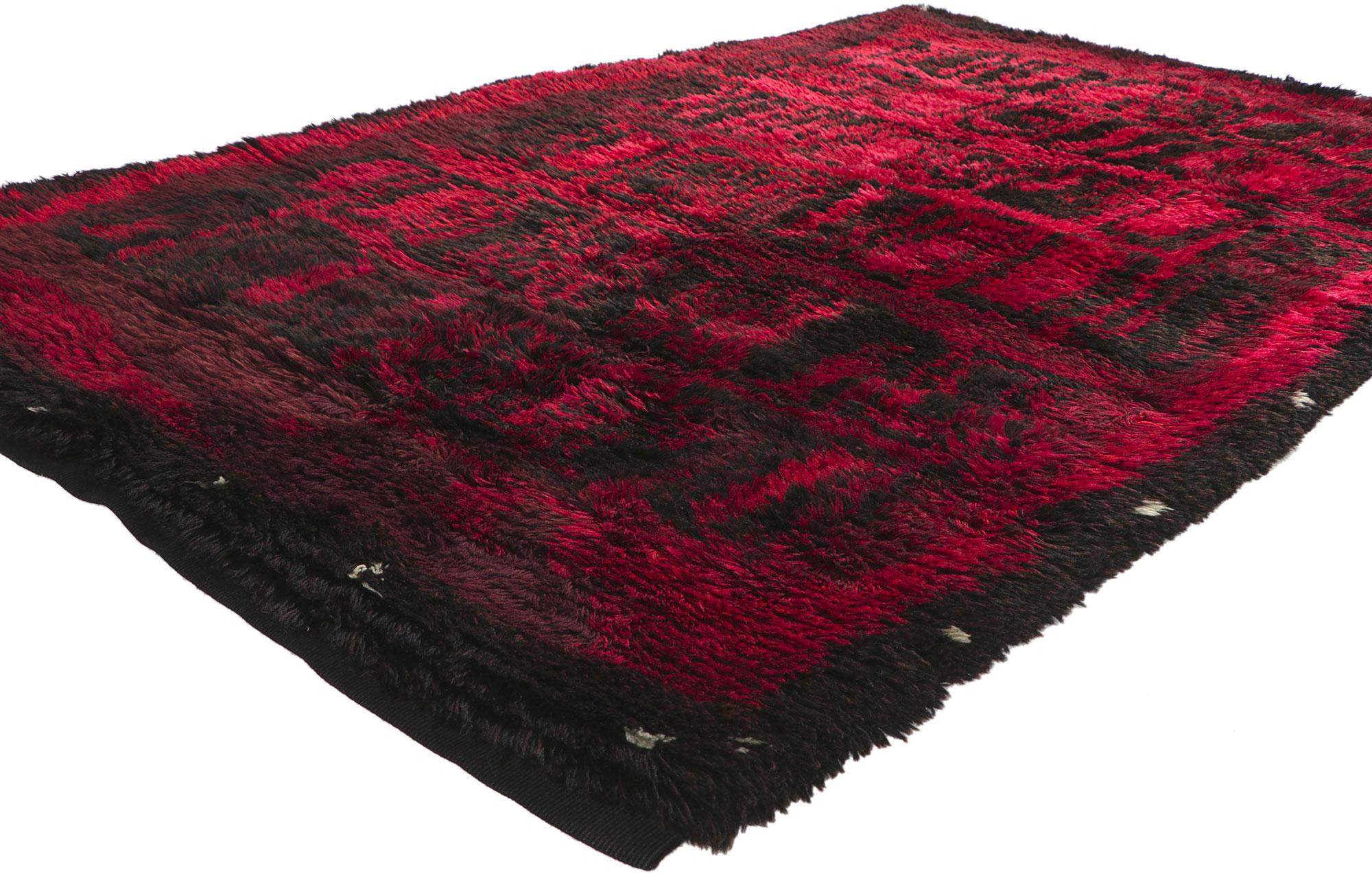 78469 Vintage Finnish Rya Ryijy Rug by Kirsti Ilvessalo, 04'03 x 06'10. Kirsti Ilvessalo is a notable Finnish textile artist recognized for her innovative approach to Ryijy rugs, a traditional form of Finnish folk textiles known for their thick pile