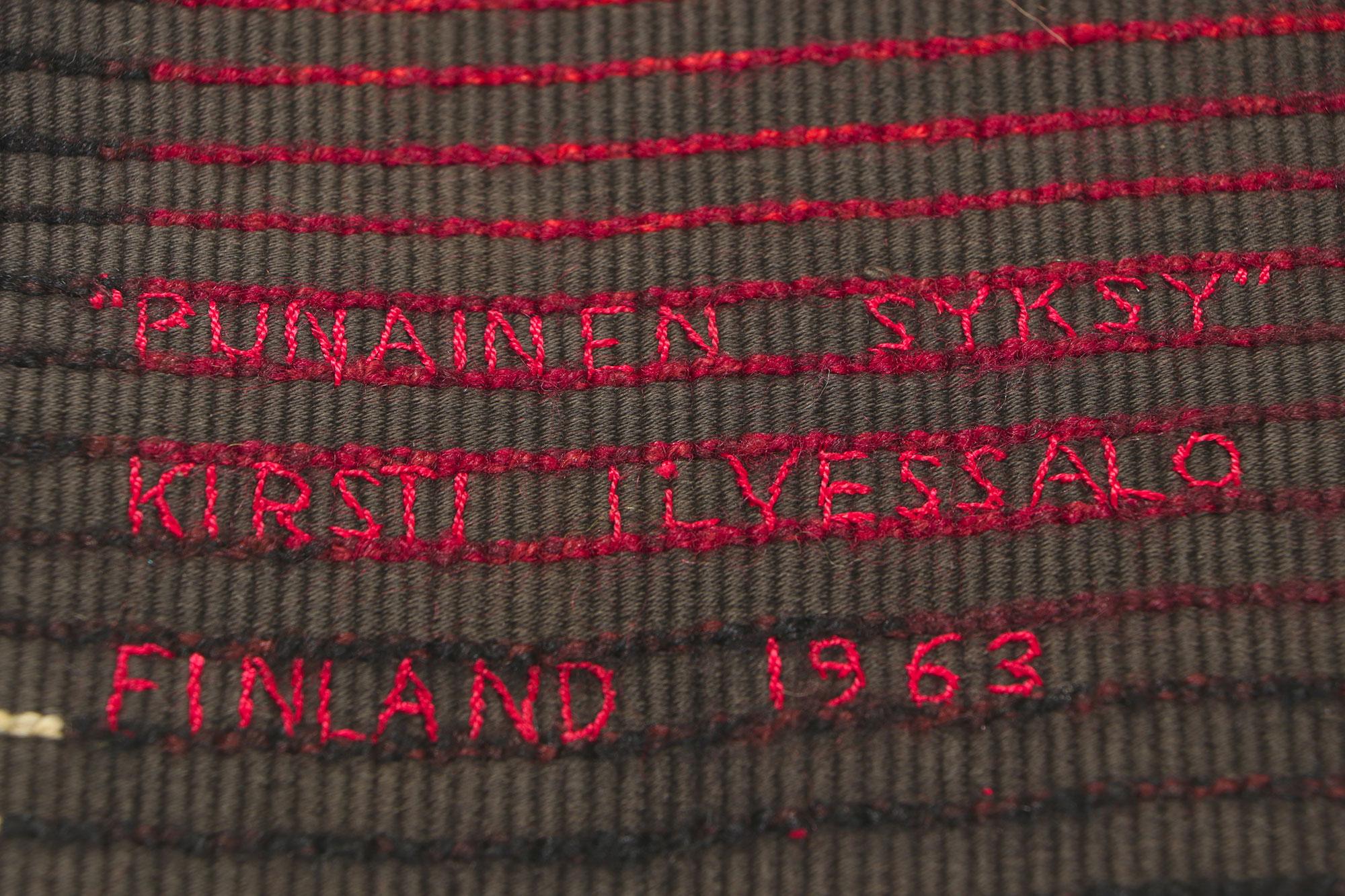 Hand-Knotted Signed 1963 Kirsti Ilvessalo Finnish Ryijy Carpet, Punainen Syksy Red Autumn For Sale