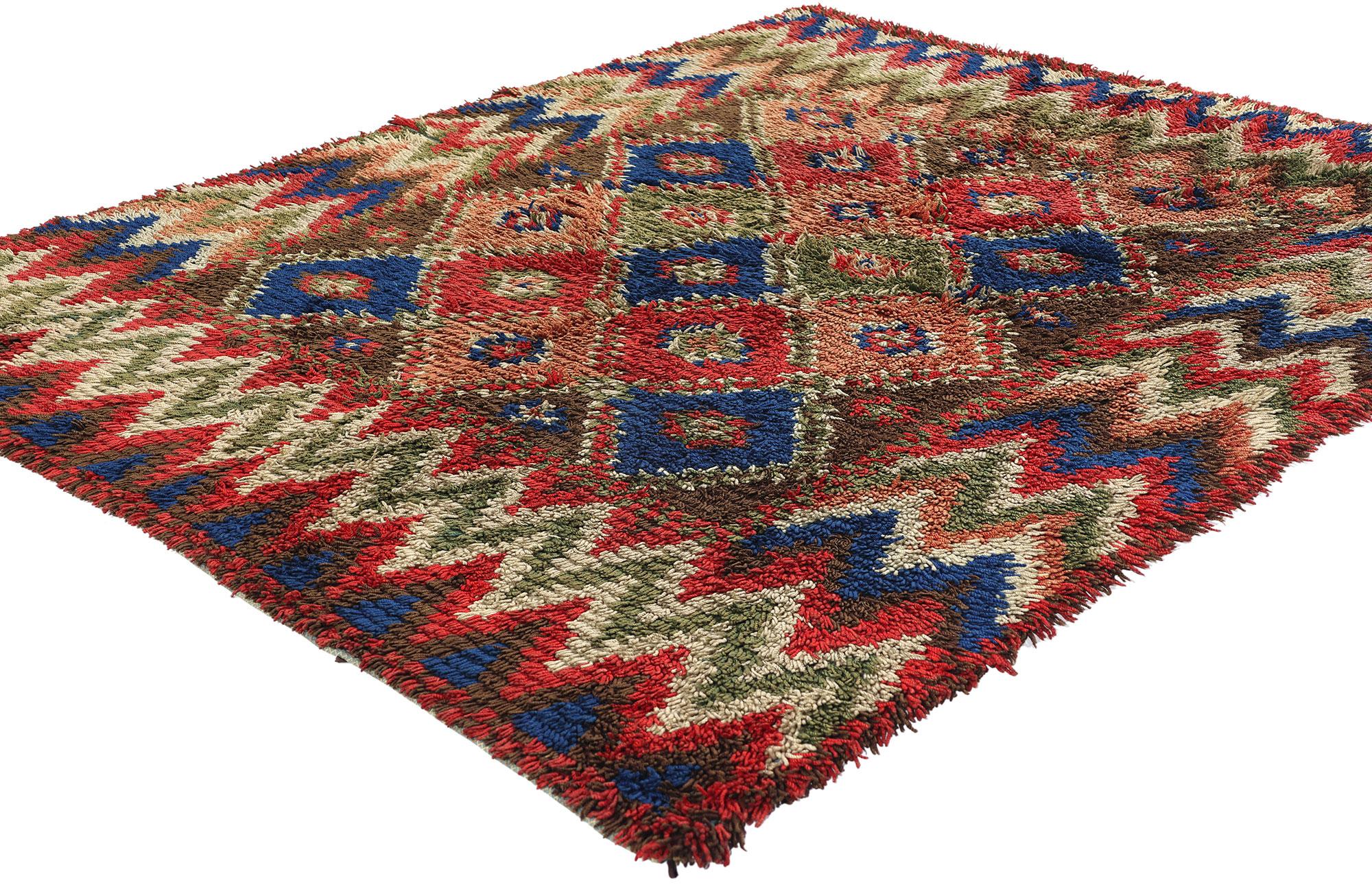 78277 Vintage Finnish Rya Ryijy Rug, 04'07 x 05'09. Finnish Ryijy Rya rugs, commonly known as Ryijy rugs, are a cherished aspect of Finnish textile art, recognized for their thick pile, intricate designs, and vibrant colors. Handwoven using