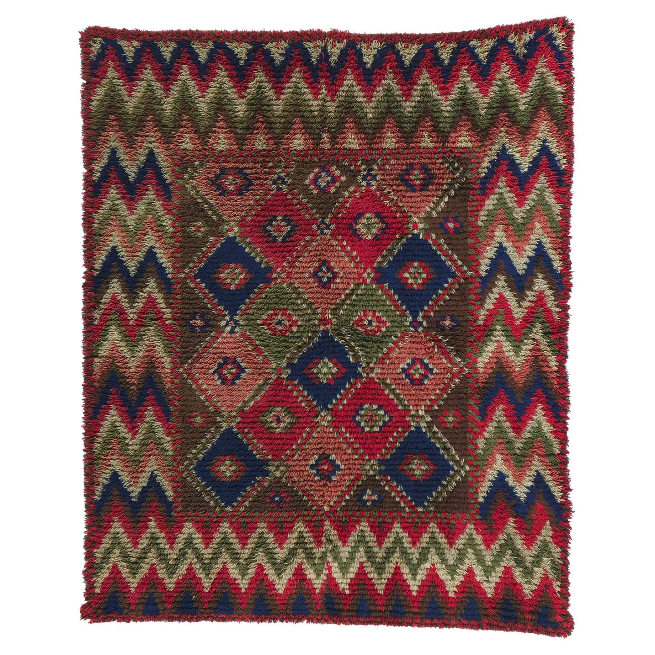 Vintage Finnish Ryijy Rya Rug with Scandinavian Modern Folk Art Style