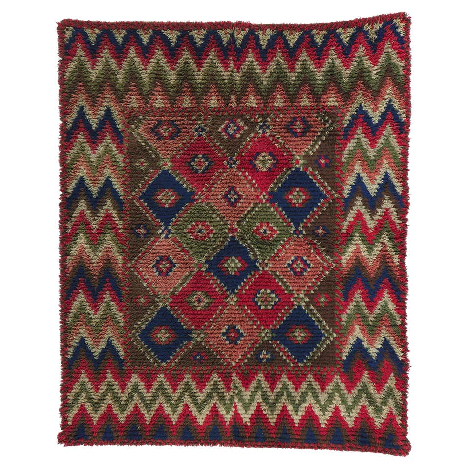 Traditional Rya Rug Vintage Finnish Ryijy Rya Rug with Scandinavian Modern Folk Art Style ...