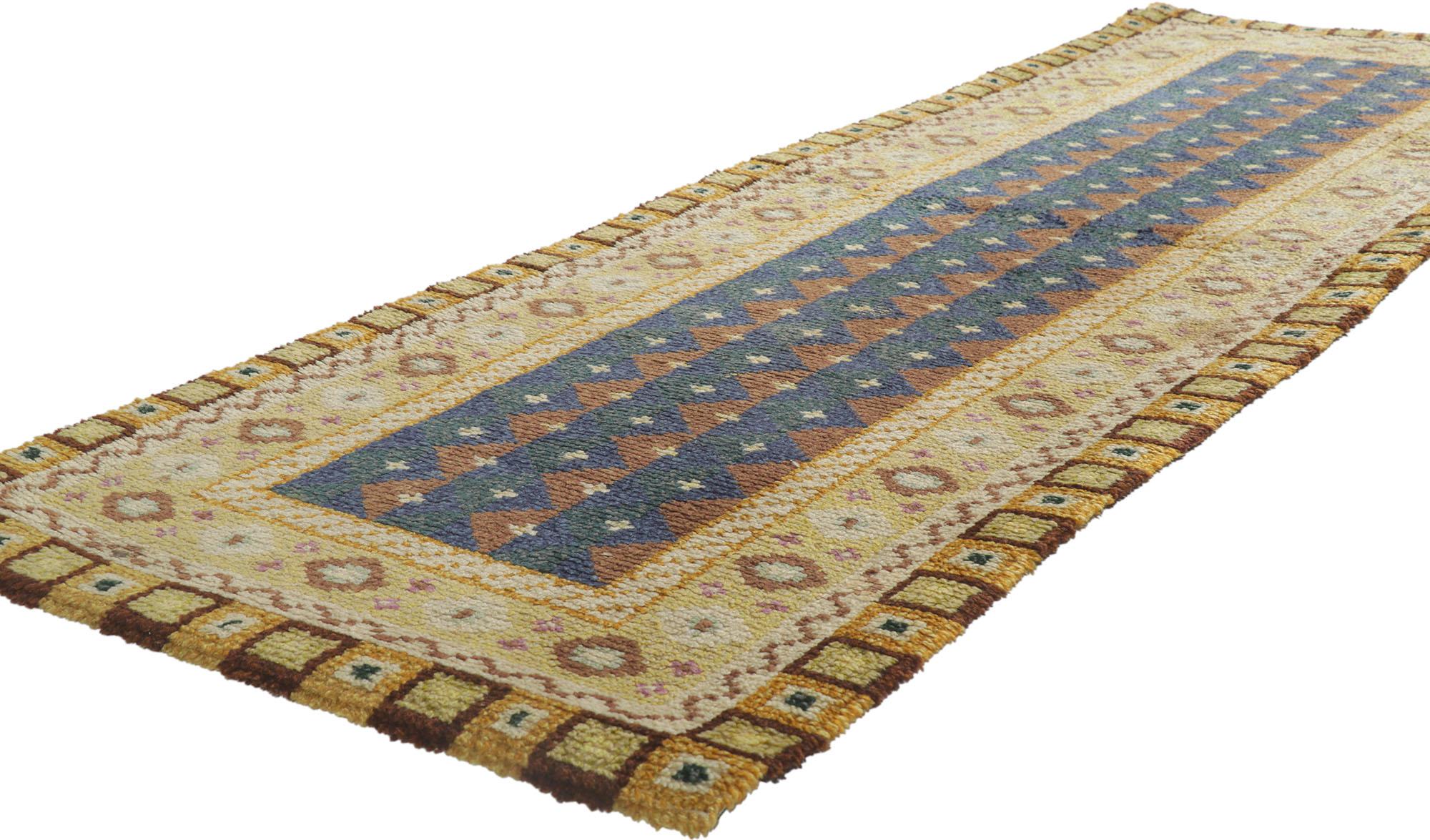 78272 Vintage Finnish Rya Ryijy rug with Scandinavian Modern Style 02'07 x 07'04. Full of tiny details and a bold expressive design combined with folk art tribal style, this hand-knotted wool vintage Finnish Ryijy Rya rug is a captivating vision of