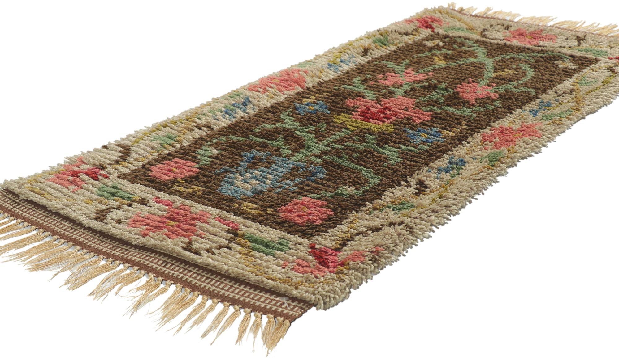 78269 Vintage Finnish Rya rug with Scandinavian Modern Style 1'11 x 4'00. Full of tiny details and a bold expressive design combined with folk art style, this hand-knotted wool vintage Finnish Rya rug is a captivating vision of woven