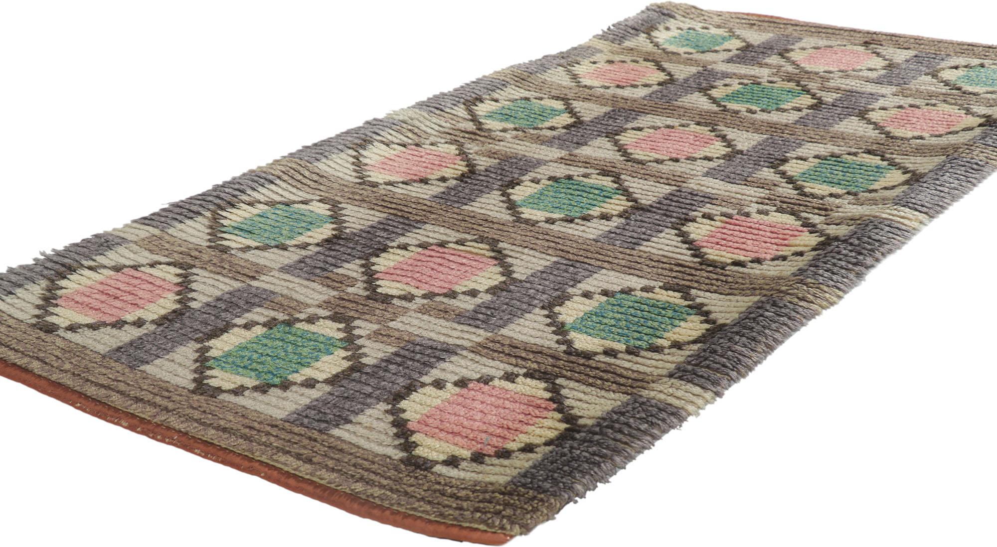 78273 Vintage Finnish Ryijy Rya rug with Scandinavian Modern Style 02'05 x 04'10. Full of tiny details and a bold expressive design combined with folk art tribal style, this hand-knotted wool vintage Finnish Ryijy Rya rug is a captivating vision of