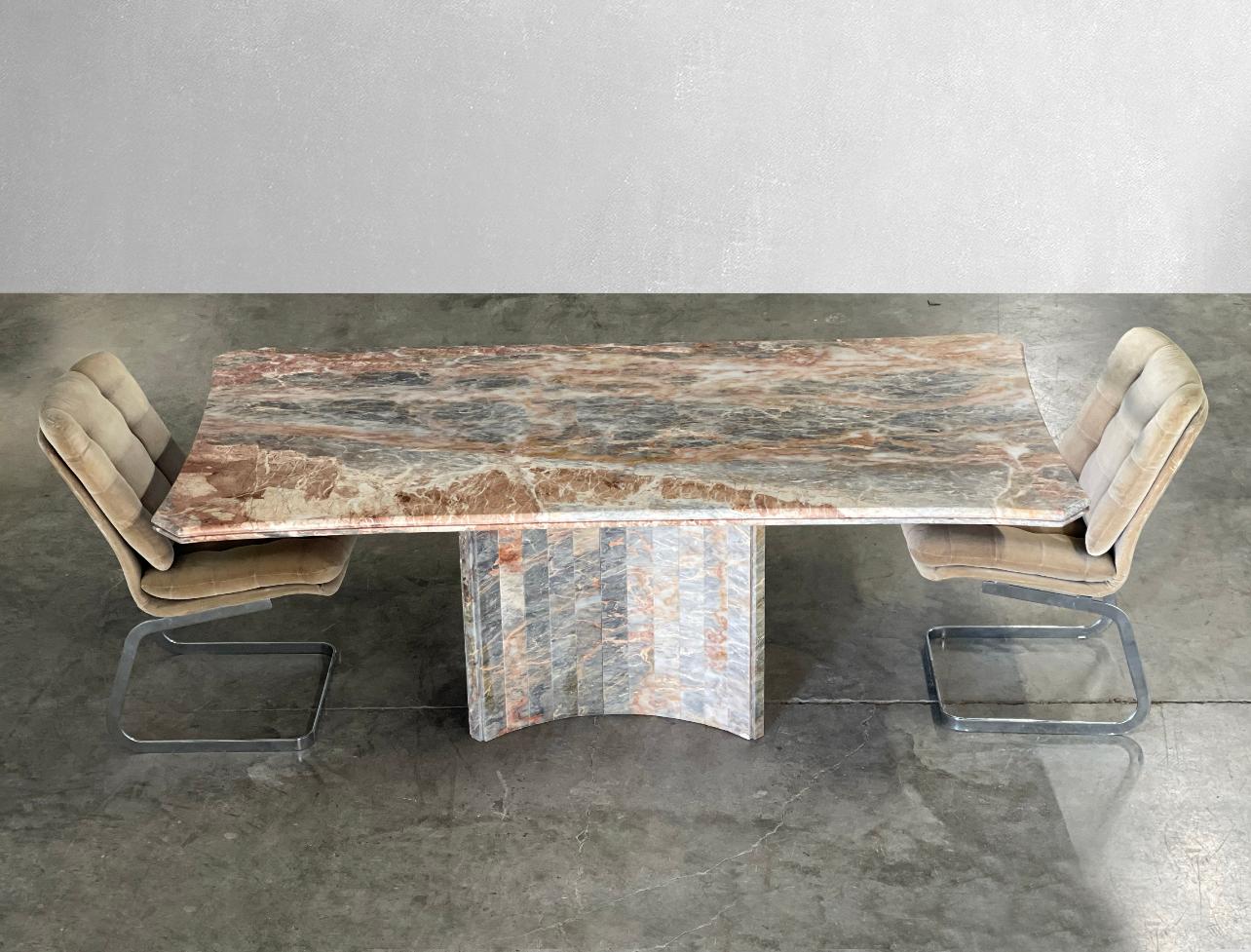 Late 20th Century Vintage Fior di Pesco Marble Dining Table with Concave Pedestal Base For Sale