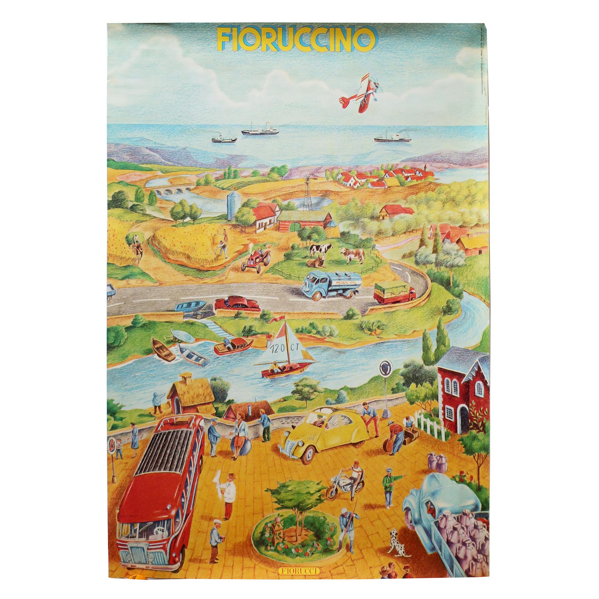 A vintage and rare illustrated Fiorucci poster with a view across the mid-century Italian countryside, from a town square across a river and over a highway through farmlands and on to the distant sea.  From 1979, the poster includes amazing