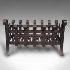 Vintage Fire Basket, English, Iron, Fireplace, Gothic Revival, Mid Century, 1950