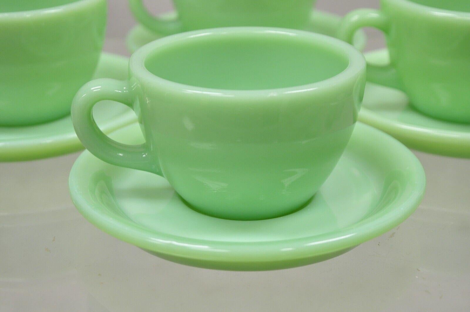 Mid-Century Modern Vintage Fire King Jadeite Green Oven Ware Coffee Cup and Saucer - Set of 4