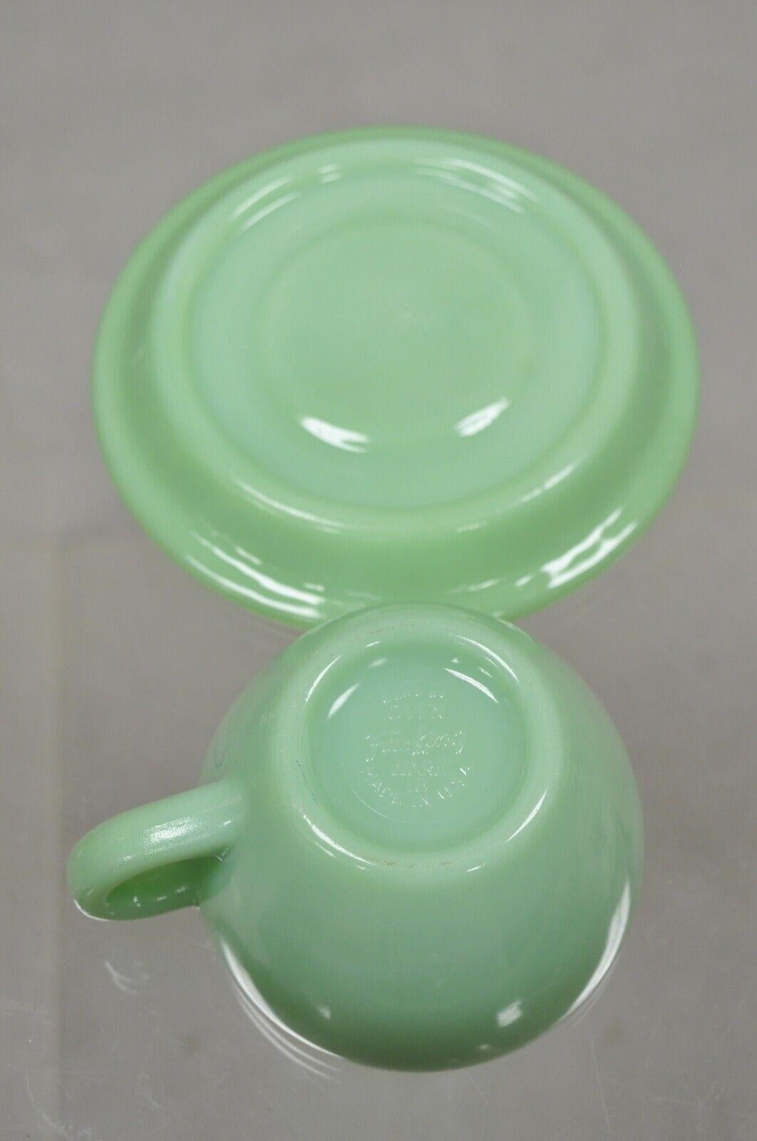 20th Century Vintage Fire King Jadeite Green Oven Ware Coffee Cup and Saucer with Damage
