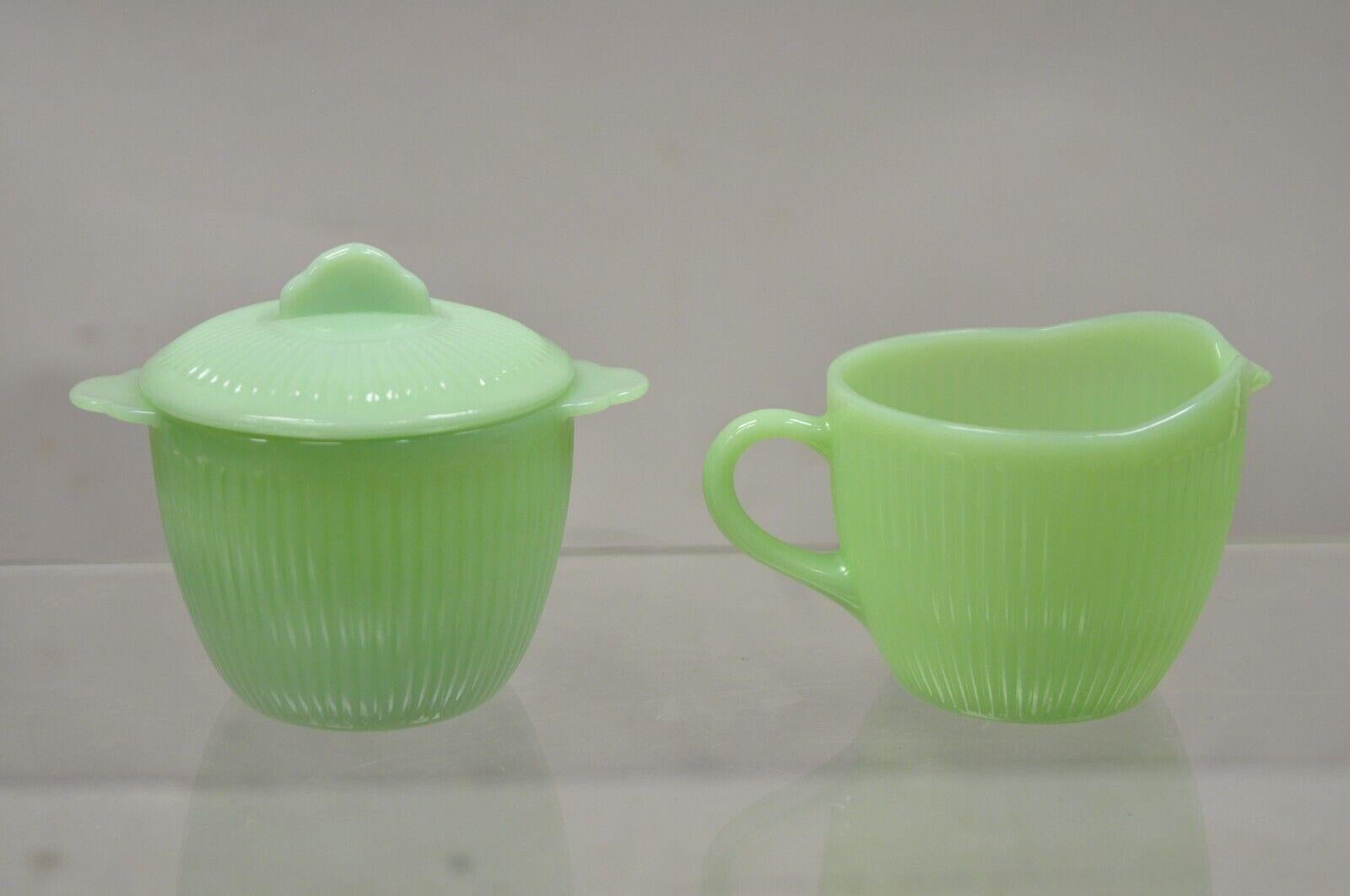Glass Vintage Fire King Jadeite Jane Ray Ribbed Creamer and Lidded Sugar Bowl