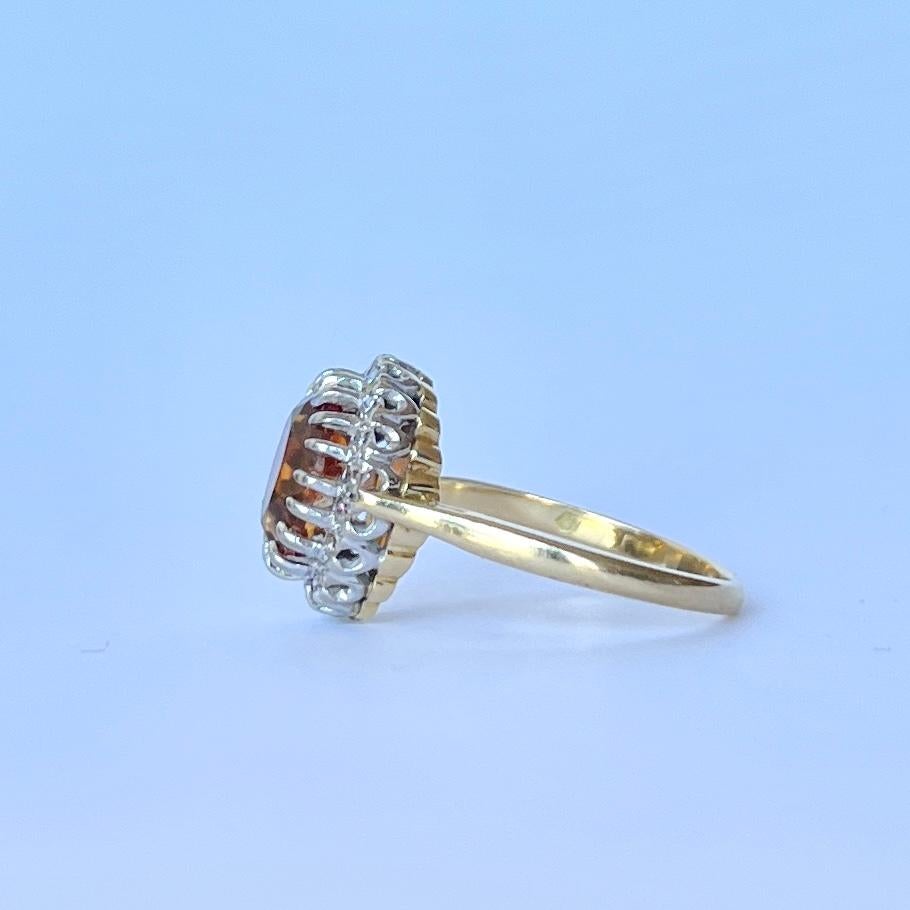 Vintage Fire Opal and Diamond 18 Carat Cluster Ring In Good Condition In Chipping Campden, GB