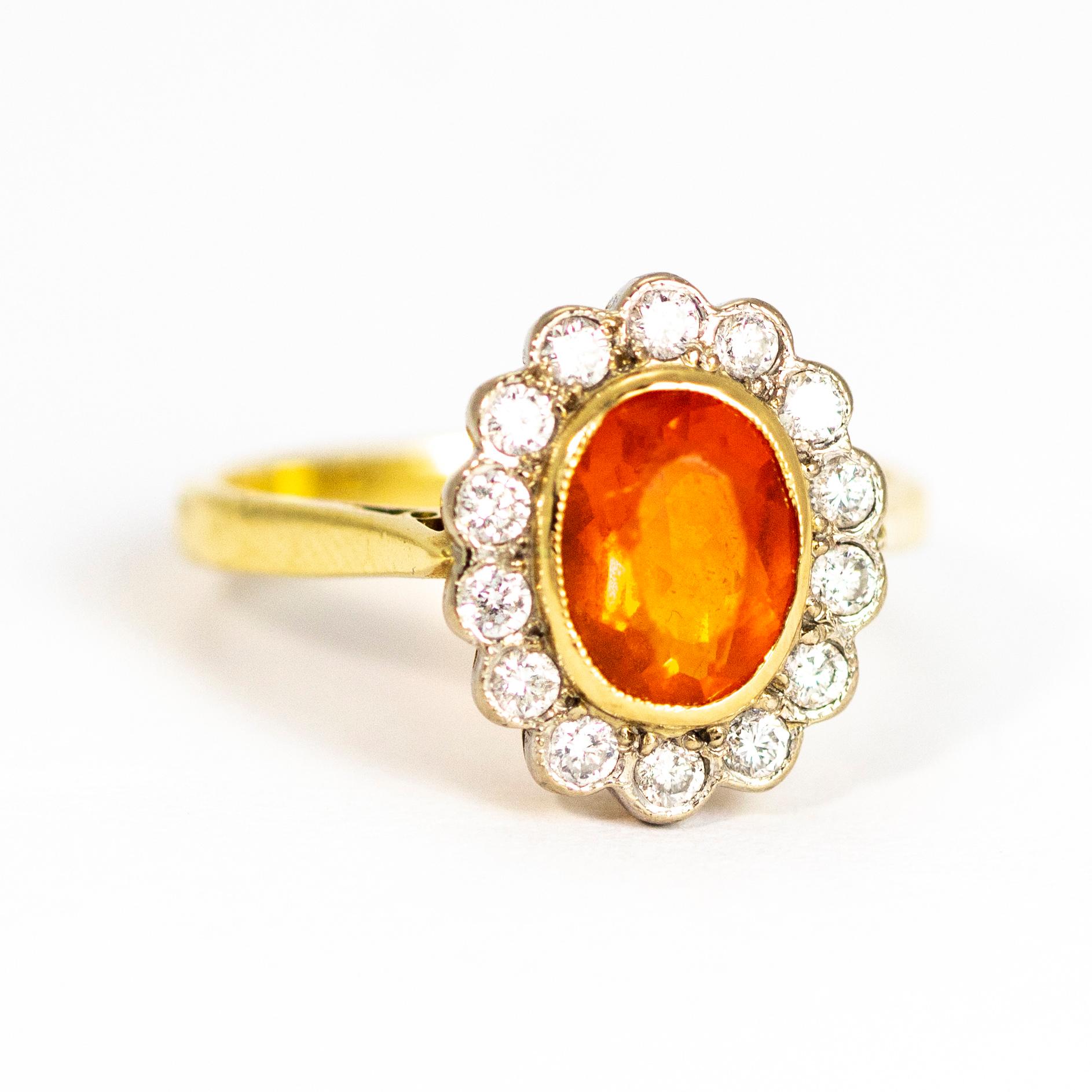 Vintage Fire Opal and Diamond 18 Carat Cluster Ring In Good Condition In Chipping Campden, GB
