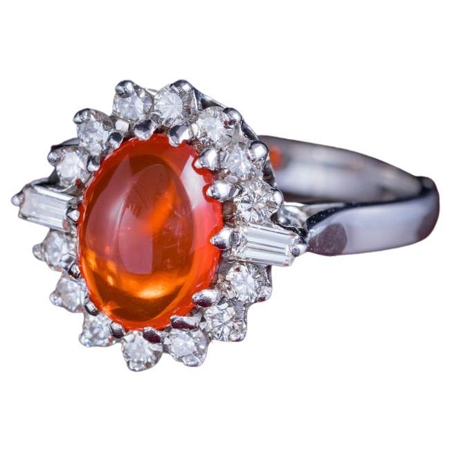 Vintage Fire Opal Diamond Cluster Ring in 1.75ct Opal For Sale