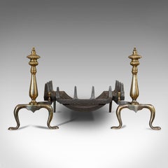 Vintage Fireplace, English, Cast Iron Fire Grate, Steel Andirons, Art Deco, 1940