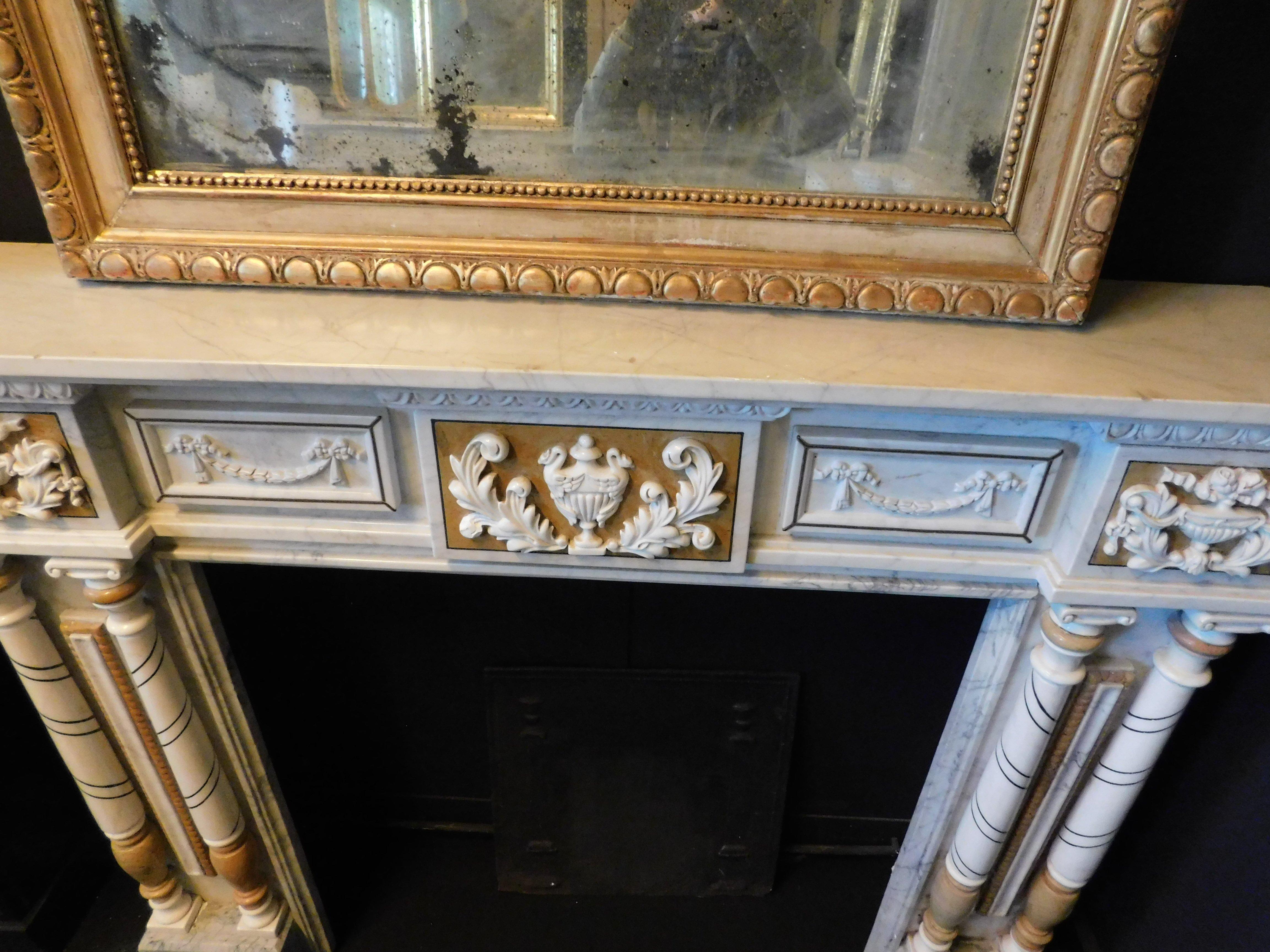 Vintage Fireplace in Carved and Inlaid White Marble, Early 1900s, Italy For Sale 6