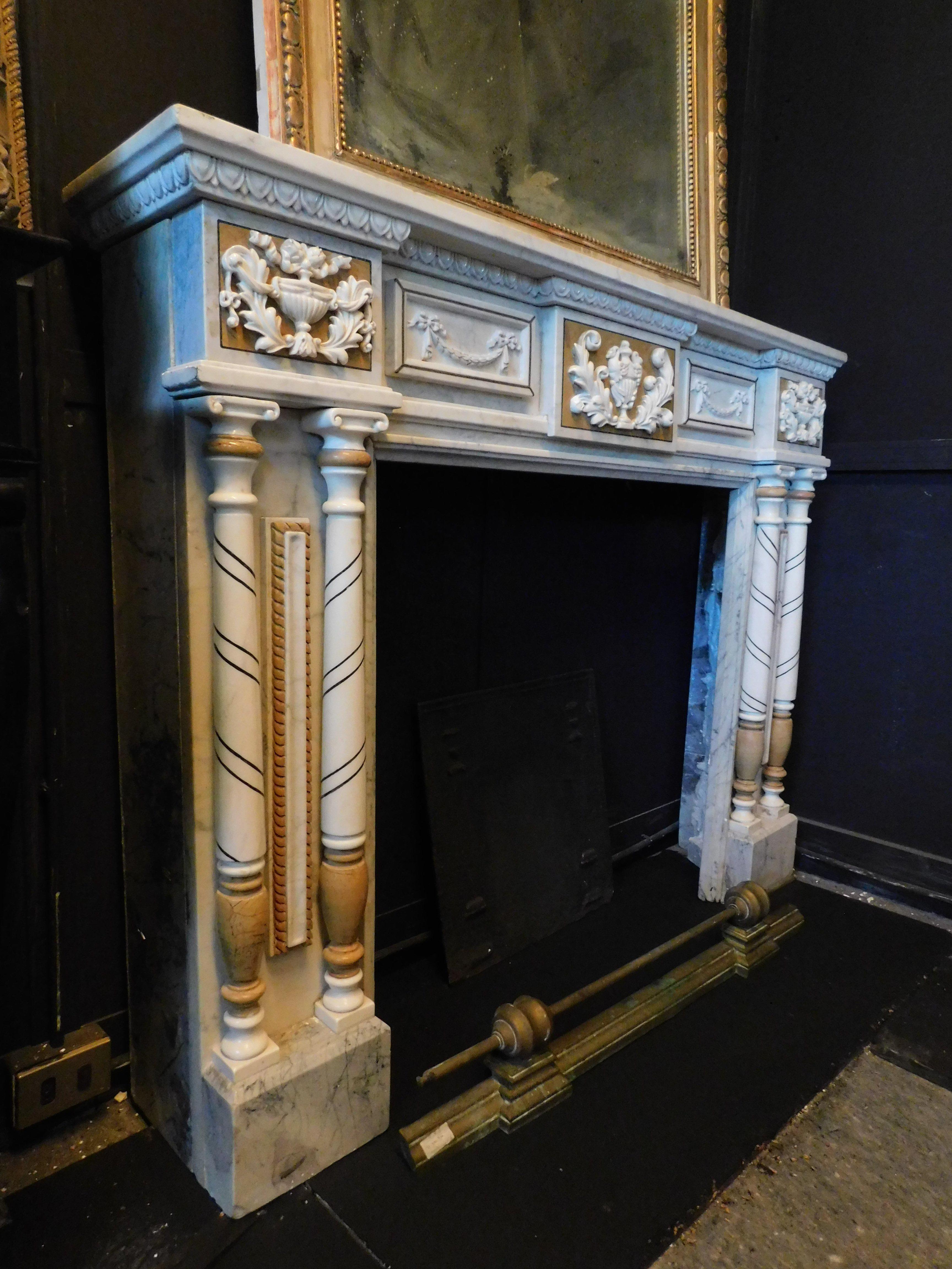 20th Century Vintage Fireplace in Carved and Inlaid White Marble, Early 1900s, Italy For Sale